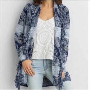 American Eagle Cardigan Open Front Bohemian Fringe Aztec Blue White Size Medium